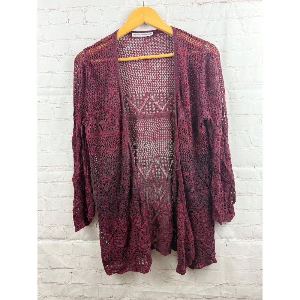 Two-one-two New York Cardigan Womens Size Medium Maroon Black Marled Open Front